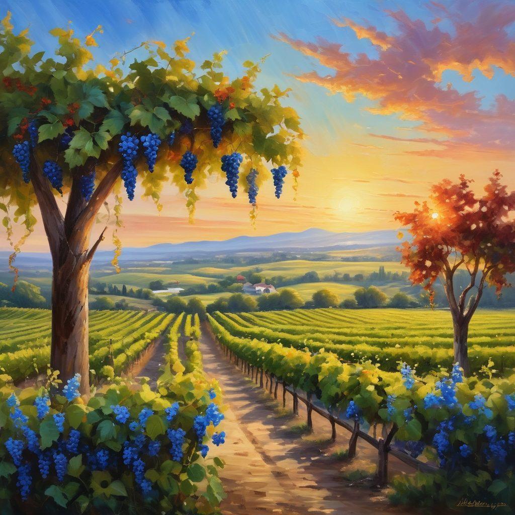 A picturesque vineyard at sunset, with sprawling grapevines heavy with ripe grapes, a rustic winery in the background, and a couple joyfully toasting with glasses of wine. Soft, warm lighting creates an inviting atmosphere, while a clear blue sky adds serenity. Artistic elements like wandering butterflies and colorful wildflowers enhance the scene. vibrant colors. painting.
