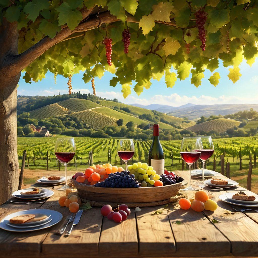 A lively gathering of diverse wine enthusiasts raising glasses in a picturesque vineyard, surrounded by lush grapevines and rolling hills. Bubbles of joy and laughter in the air, showcasing a variety of wines on rustic tables adorned with cheerful decorations. Sunlight filtering through the leaves, creating a warm and inviting atmosphere. super-realistic. vibrant colors. 3D.