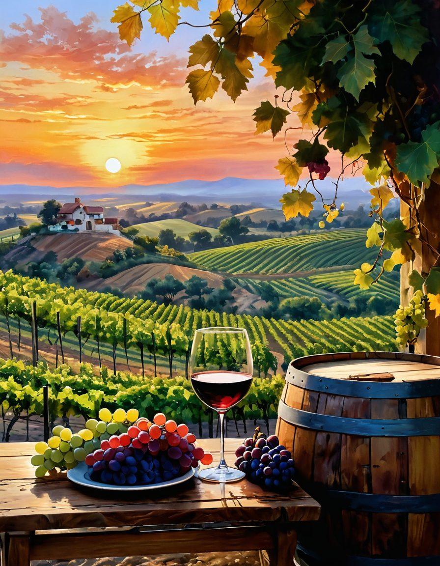 An elegant vineyard landscape with lush grapevines stretching towards a vibrant sunset. Display a wine glass catching the reflective hues of the sunset, nestled among ripe grapes and a rustic wooden barrel. Include a tasting notes journal and a cheese platter in the foreground to evoke the wine tasting experience. Artistic flair with soft brush strokes and warm tones. painting. warm colors. natural light.